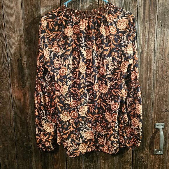 Rose + Olive Floral Boho Peasant Blouse – Navy/Autumn Tones – Size M - Picture 3 of 3